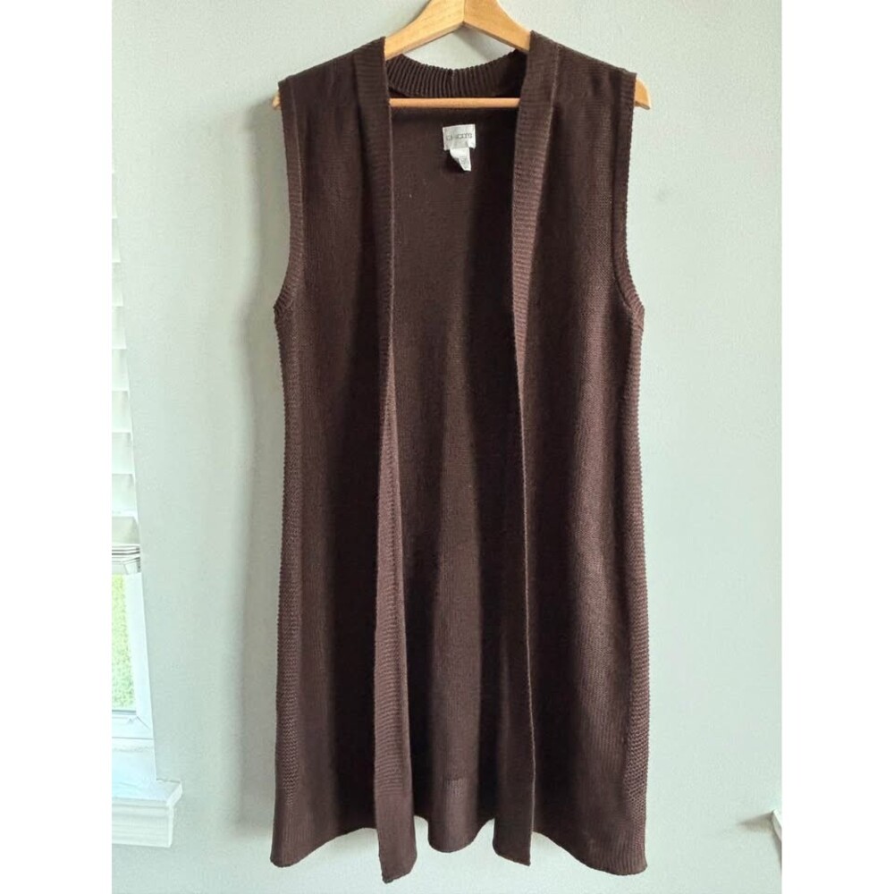 Chico's Ribbed Trim Longline Sweater Vest Women's Chocolate Brown Open Front